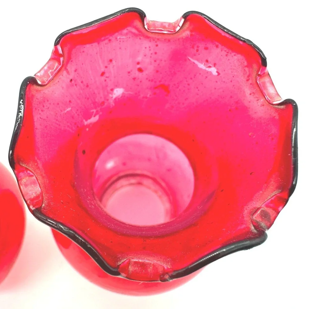 Vintage Miniature Oil Lamps Pair Ruby Red Fenton Style Milk Glass Hobnail 6.5